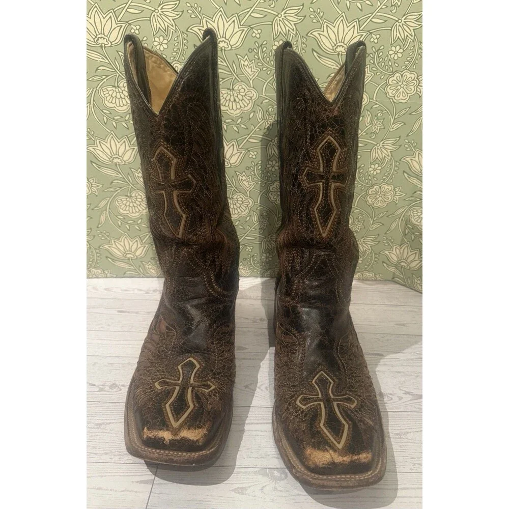 Corral Mens 7.5D A1978 Wing & Cross Brown Cracked Leather Boots Square Toe